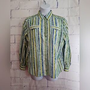 Alfred Dunner Snap Front Blouse size 16 Multicolor Floral & Stripe Long Sleeve